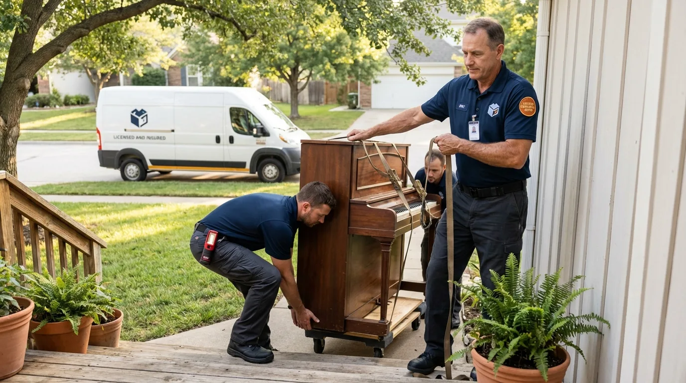 Licensed piano movers securing grand piano in Jefferson, ME
