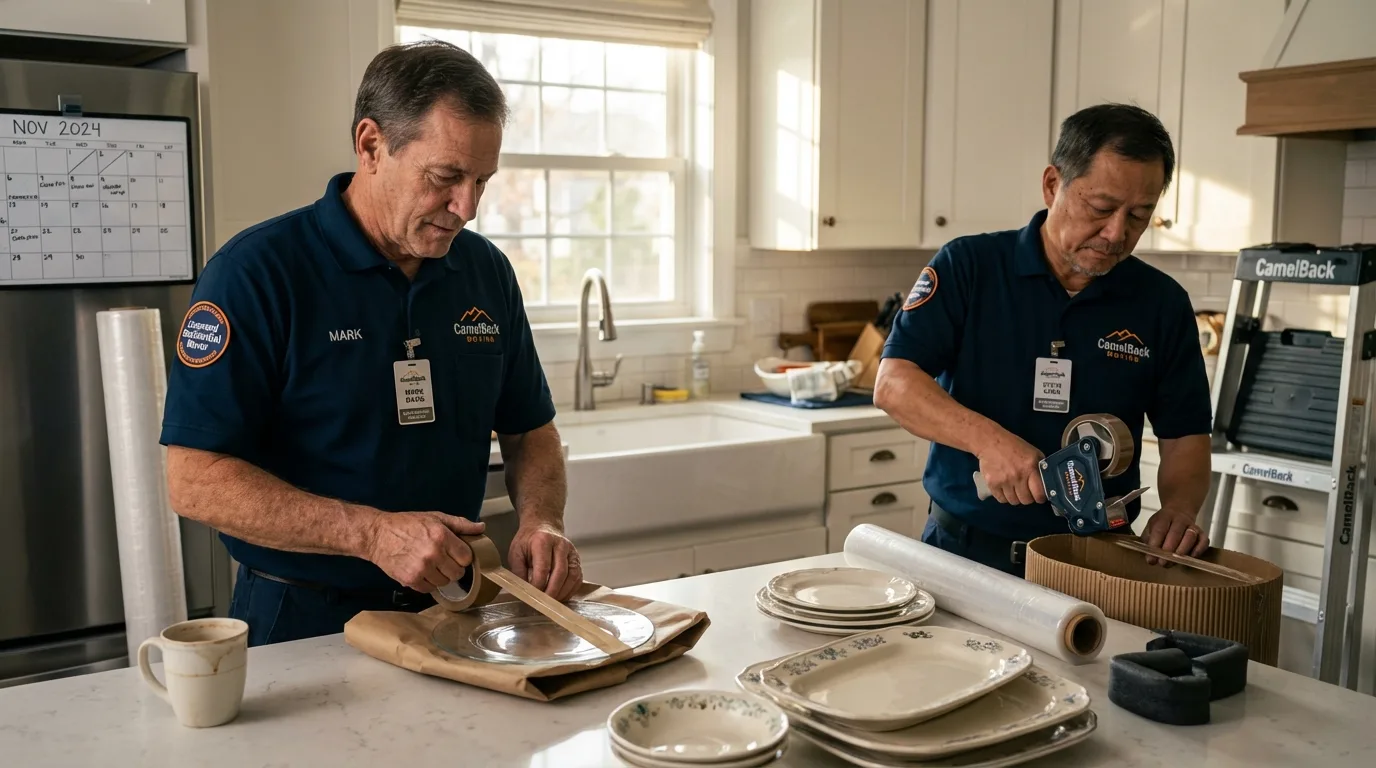 Professional crew packing kitchen dishware in Jefferson, ME